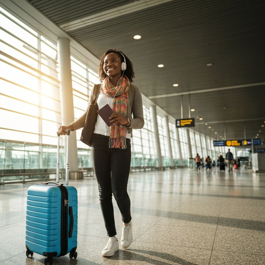Student at airport ready for departure