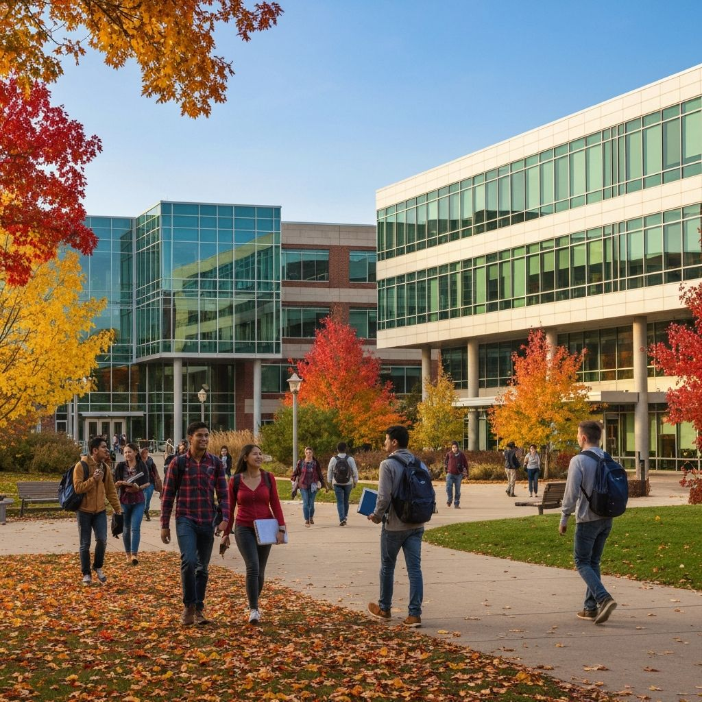 American university campus with students